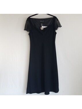Jones New York Black Square Neck Midi Dress Size 12 NWT Rhinestone Brooch
